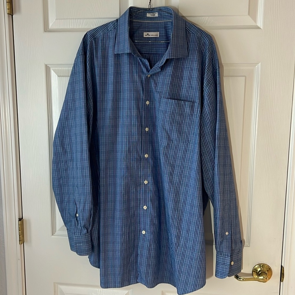 Peter Millar 100% Cotton Blue Plaid Button Down Long Sleeve‎ Dress Shirt, Sz XXL